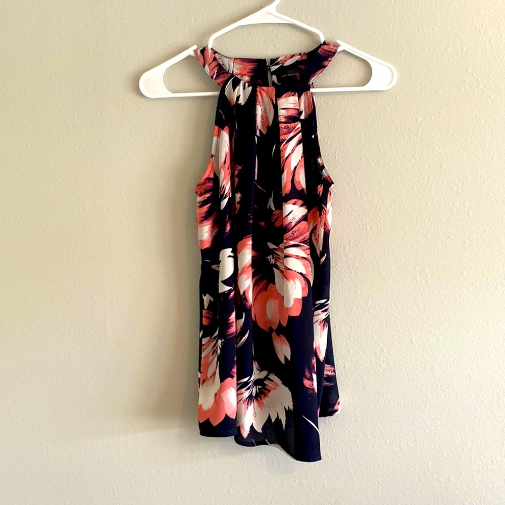High Neck, Clasp-back Navy Blouse with Large Floral Print, XS